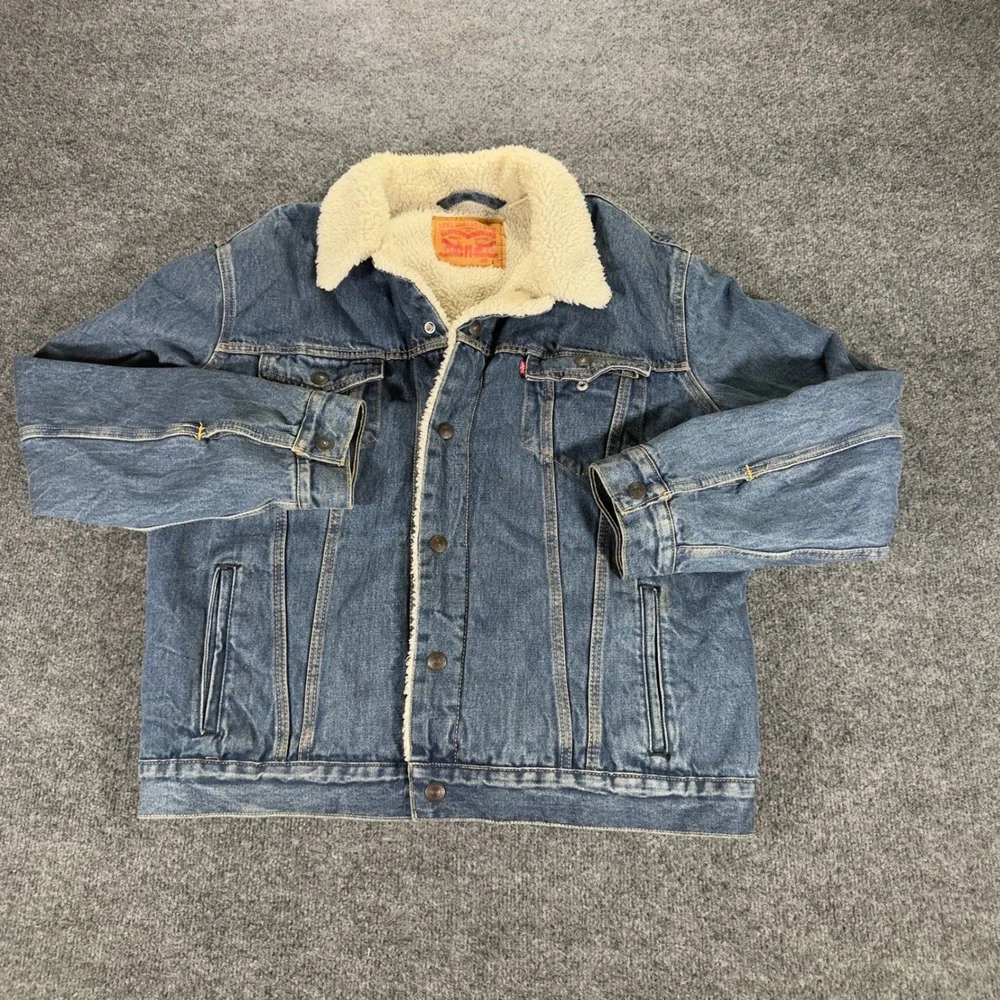 Levi's Sherpa Trucker Jacket Denim Fleece Lined Jean Coat Large Blue Mens L
